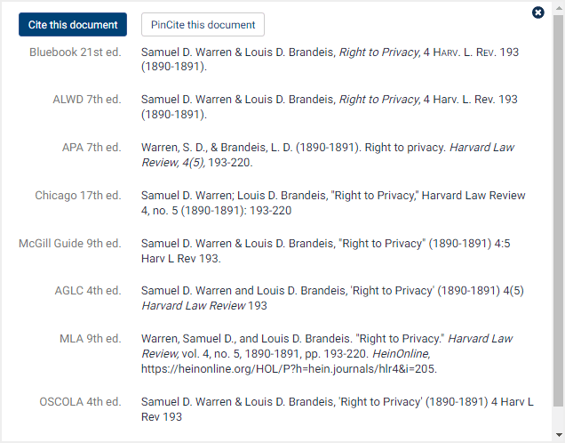 screenshot of citation formats provided by Cite button