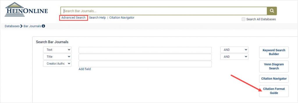image of citation format guide in advanced search