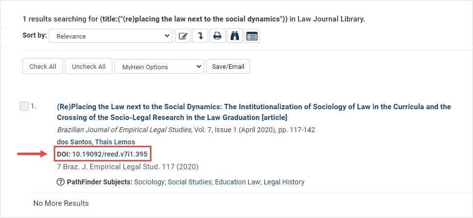 image of Digital Object Identifier in HeinOnline search results