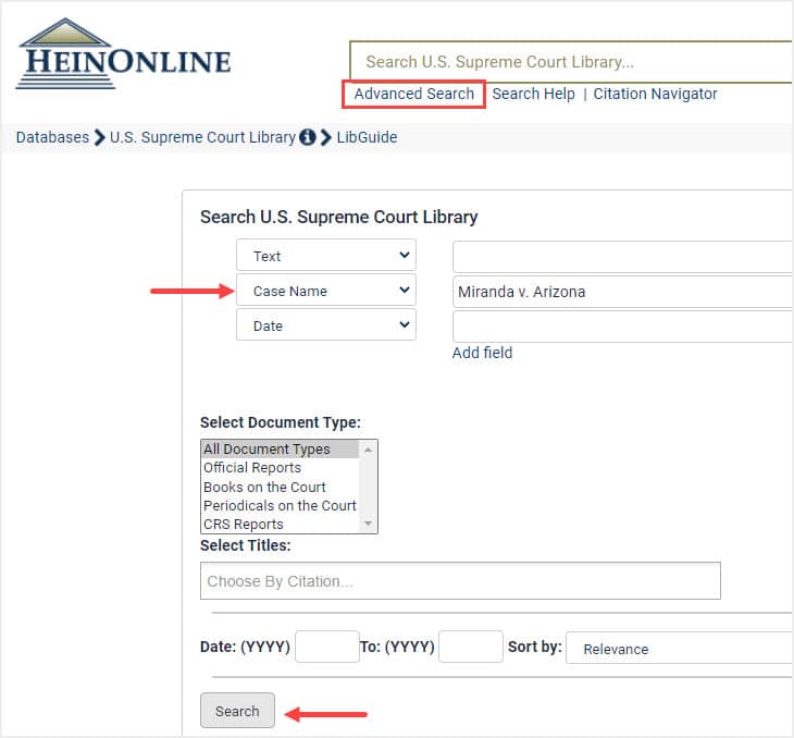 image of advanced search option in U.S. Supreme Court Library