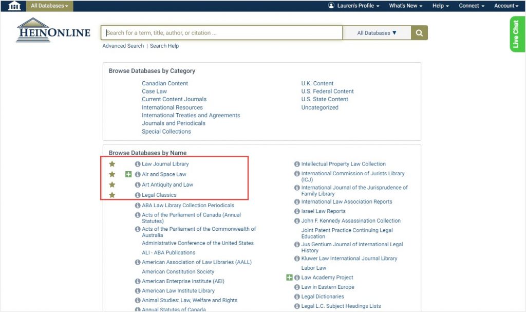 HeinOnline welcome page with favorite databases at the top of the database listing