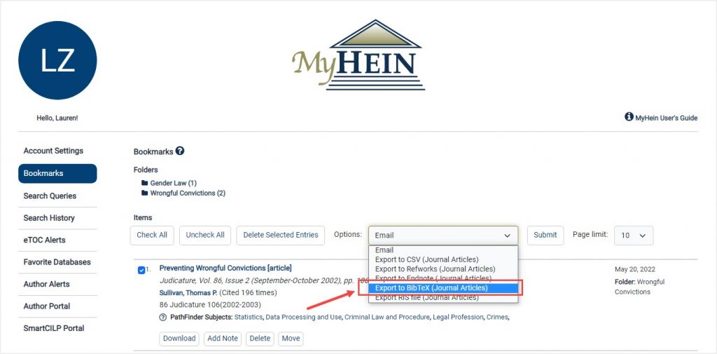 Bookmarks in MyHein highlighting Export to BibTeX optionj