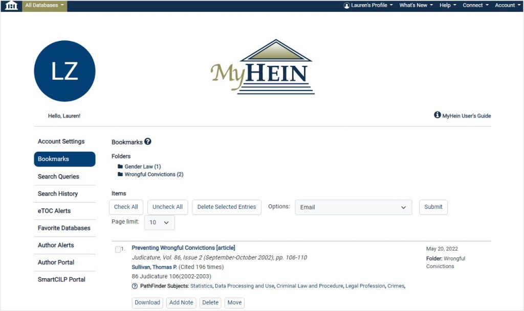 MyHein bookmarks page