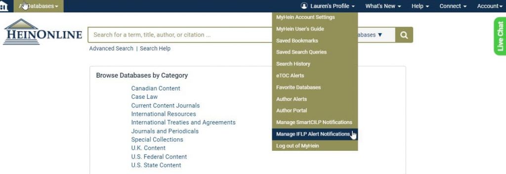 image of drop-down menu in HeinOnline for a MyHein profile