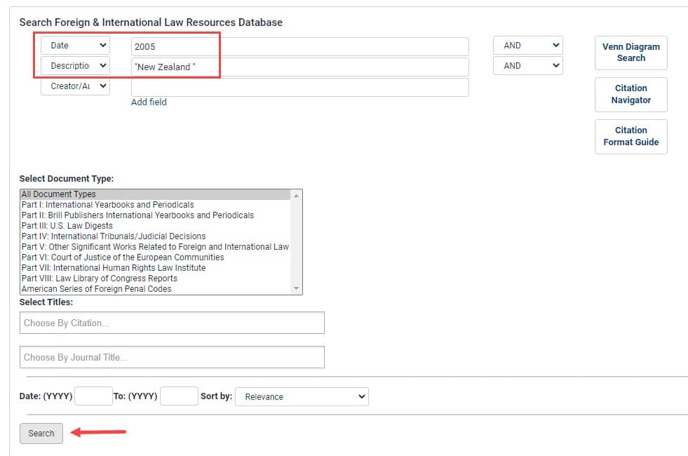 Advanced search for volume date within Foreign & International Law Resources Database