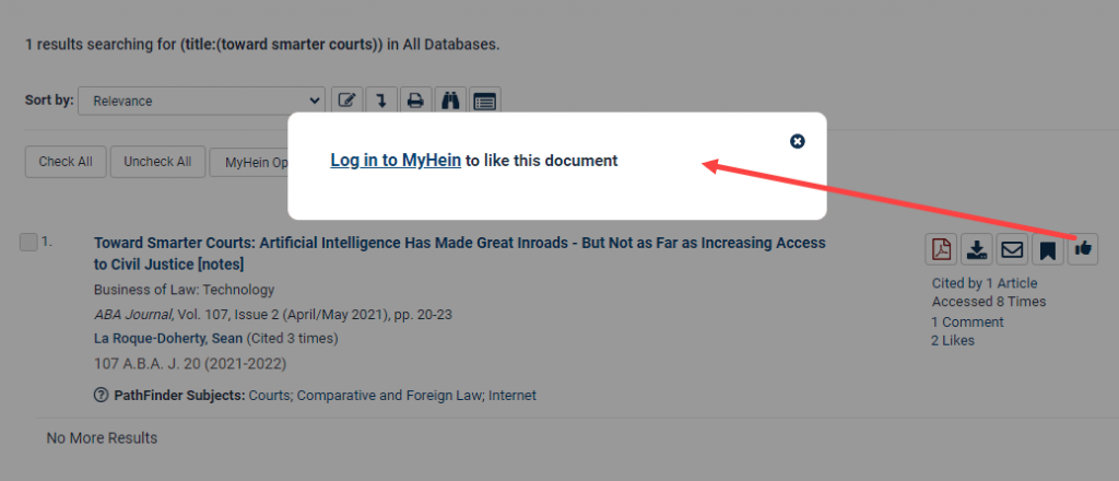 image of a pop-up screen prompting a user to login to their MyHein profile to like an article