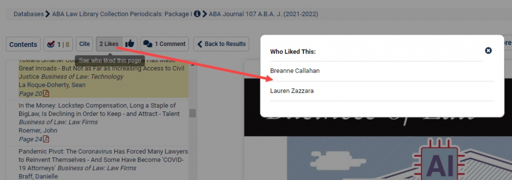 image of a pop-up box showcasing names of people who have liked an article in the Law Journal Library