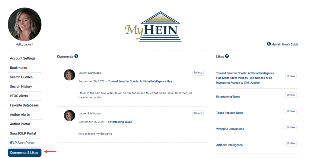 image of Comments & Likes within the MyHein menu