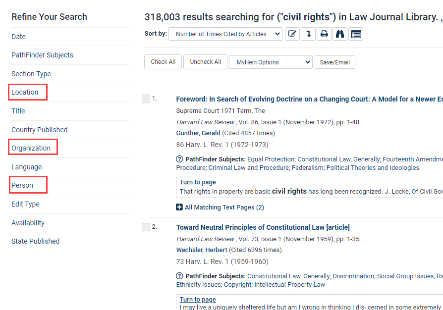 image of the ability to refine your search in HeinOnline by Location, Organization, and Person facets