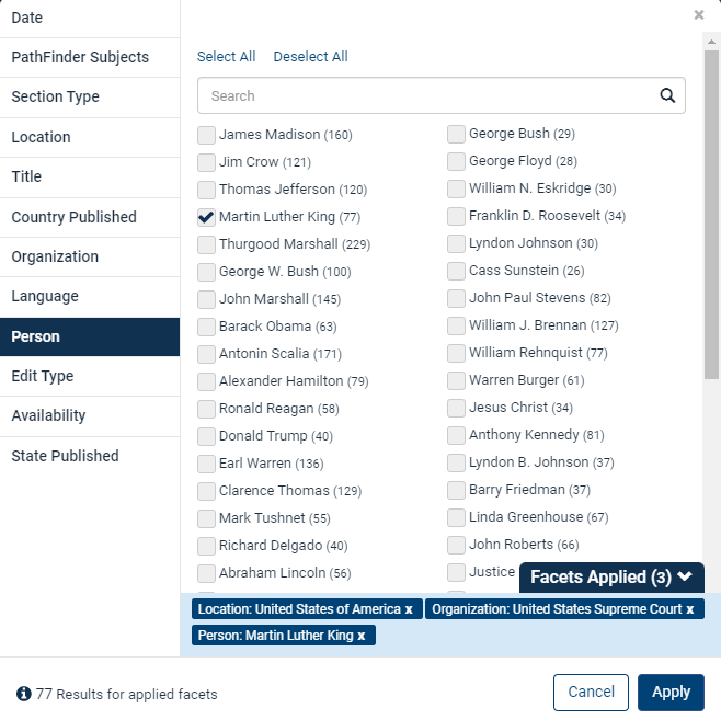 image of entities within facets in the Law Journal Library