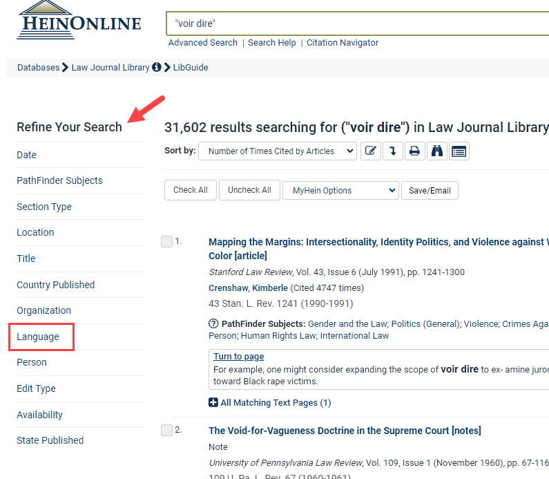 image of language facet found on the left-hand side of search results in HeinOnline