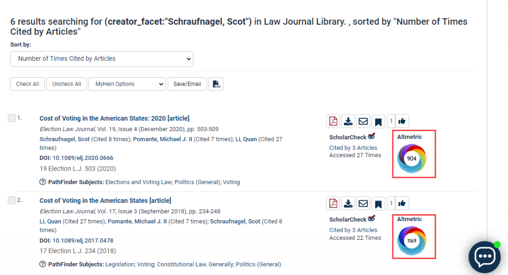 image of the Altmetric badge found within an author profile page in HeinOnline