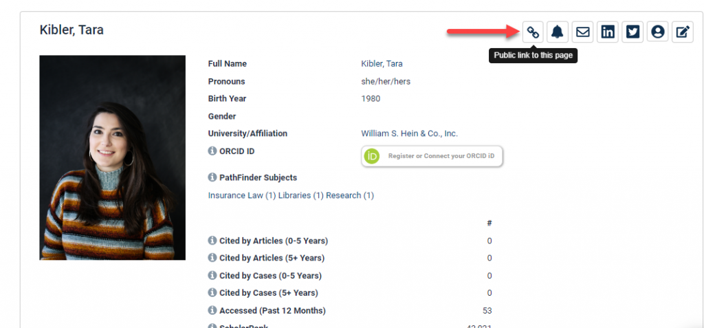 image of an author profile in HeinOnline with an error pointing to the link icon which includes a public-facing link