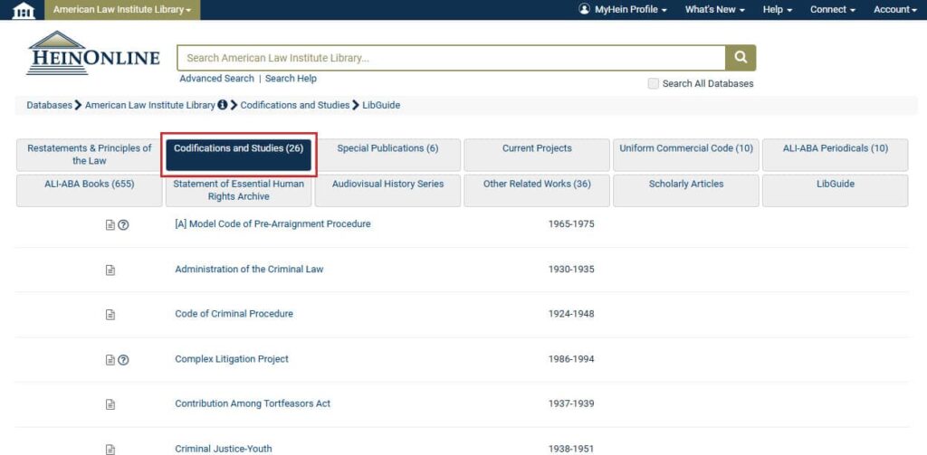 screenshot of the Codifications and Studies subcollection in the American Law Institute Library