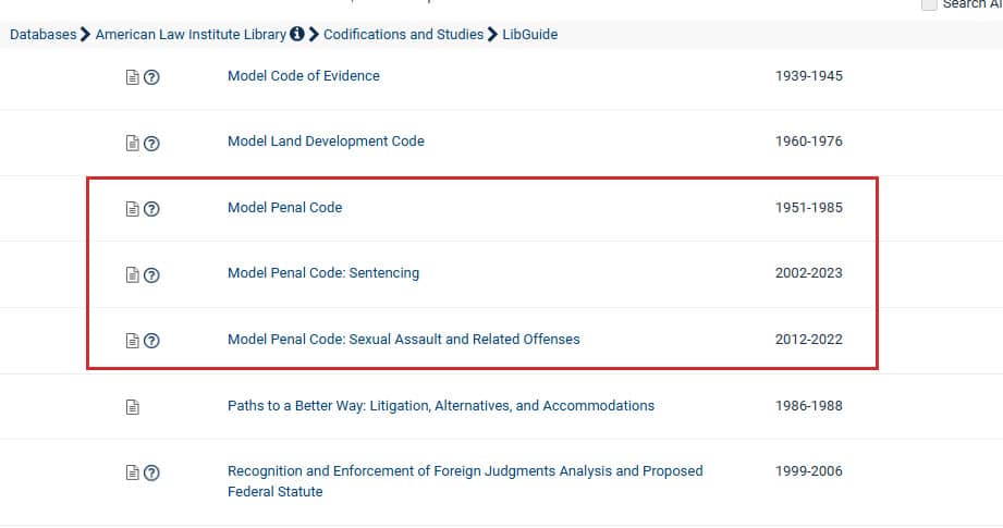 Model Penal Code listing in HeinOnline