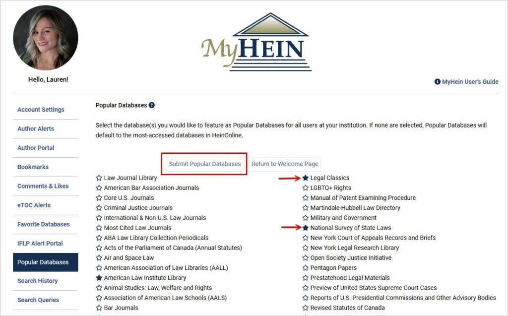 Popular Database section within the MyHein portal