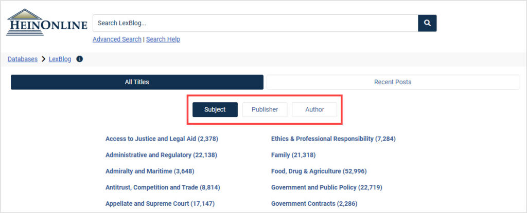 browse options within the LexBlog database